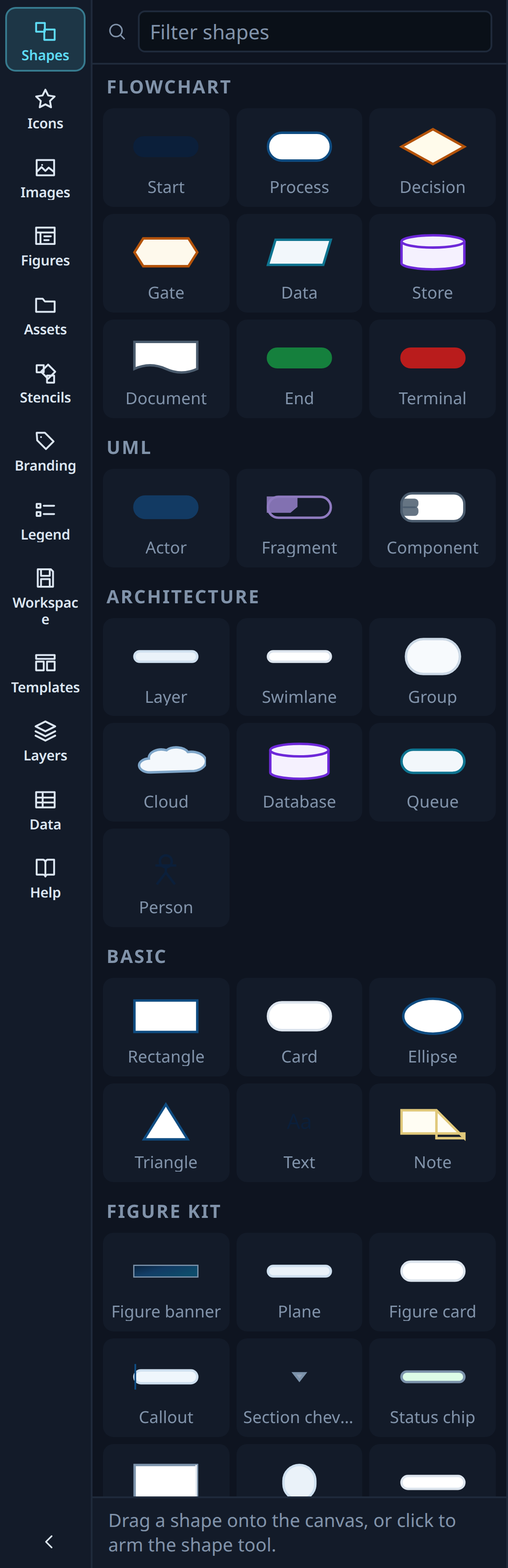 The shape palette and the inspector
